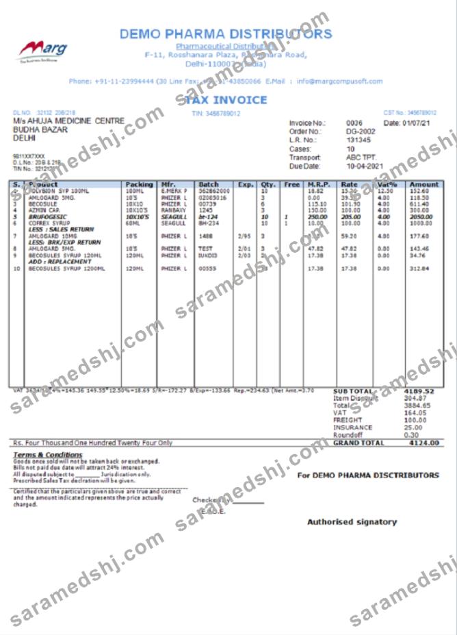 India Demo Pharma Distributor medicine consultancy services invoice